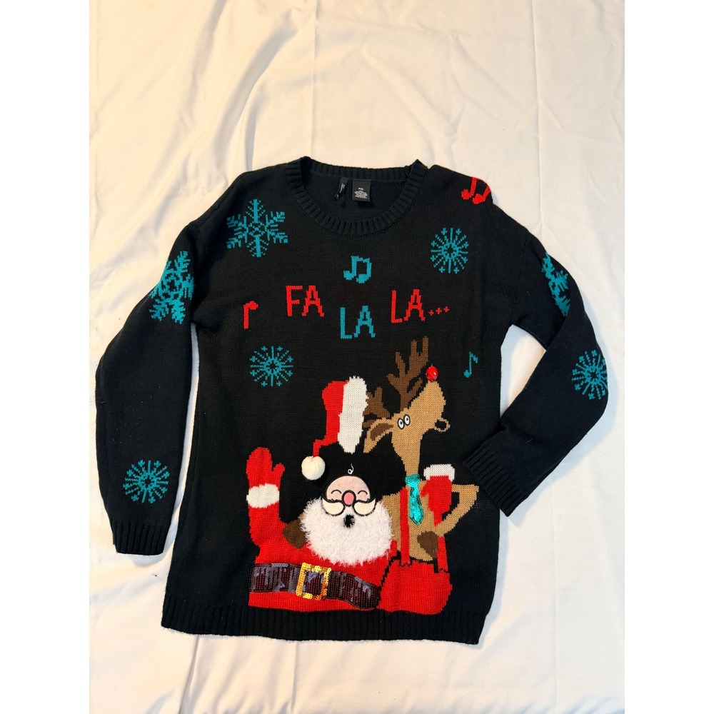 New Directions Petite Womens Black Santa Reindeer Ugly Christmas Sweater PXL